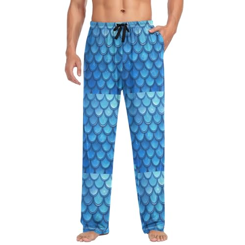 Men’s Blue Mermaid Scales Pajama Pants with Pockets, Comfortable Lounge Sleep Bottoms#3133