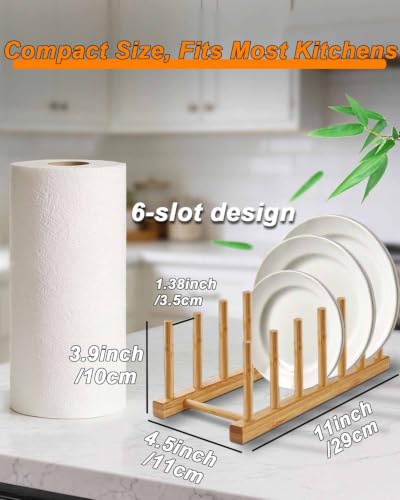 Image of Bamboo Dish Rack, Stylish Vertical Wooden Plate Holder & Drainer, Multi-Purpose Kitchen Cabinet Organizer for Dishes, Pots, Lids, Bowls, Cups & Cutting Boards（6-Slot Design）