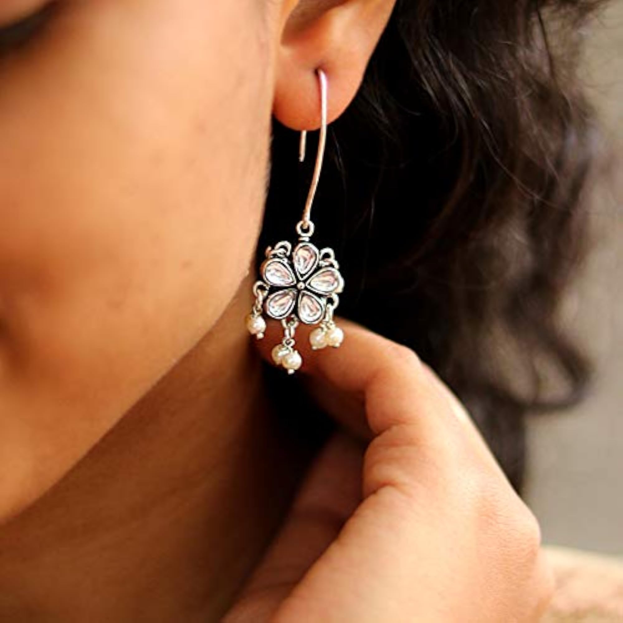 Mellow Polki Silver Oxidized Pearl Earrings