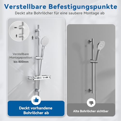 Auralum Duschgarnitur mit Duschstange 90cm Edelstahl mit Ablage ohne Bohren & 6-Funktionen Duschkopf mit Schlauch… – Ansicht 6