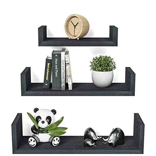 SRIWATANA Floating Shelves Wall Mounted Set of 3, Solid Wood Wall Shelves for Bedroom, Living Room, Bathroom, Kitchen, Office and more,Black