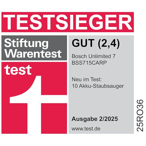Bosch Akku-Staubsauger Unlimited 7 BSS715CARP, kabellos, Knickrohr, Hygiene-Filter, 10 Jahre Motorgarantie, 5.0 Ah Akku, Schnellladegerät, XXL-Polsterdüse, Turbostufe, Made in Germany, weiß