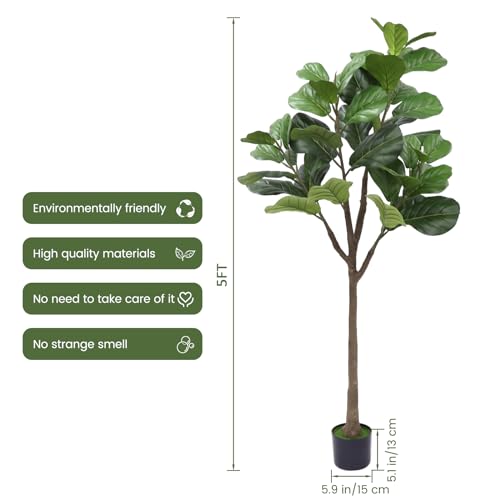 Artificial Fiddle Leaf Fig Tree 5FT, Tall Fake Plants for Indoor Outdoor Decor, Fake Fig Leaf Tree with Pot for Home Office Living Room Decor (2pcs)