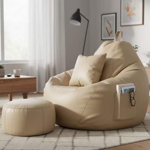 Image of KAM'S LIEU 5XL Bean Bag Combo with Footrest & Cushion | Filled with High Density EPS Beans | Comfortable Sofa for Living Room & Bedroom | 6 Months Warranty, Color- (Cream, 5XL, Classic)