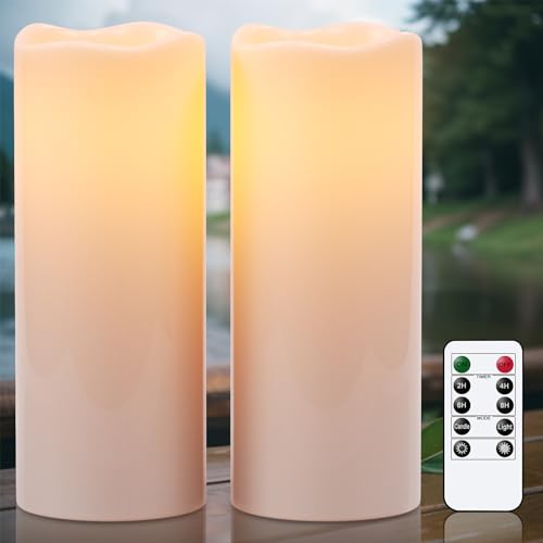 Image of Eldnacele 10 inchx4 inch Large Waterproof Outdoor Flameless Candles Remote and Timer, Battery Operated White Plastic LED Flickering Pillar Candles 2 Pack for Dinner Wedding Porch Garden Lanterns Home Decor