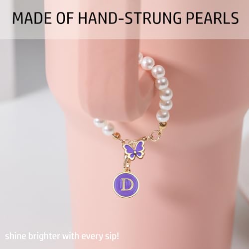 Image of Letter Charm for Stanley Cup,Pearl Chain Accessories Stanley Cup Initial Charms for Handle Stuff Decor Water Bottle Jewelry Tumbler Cute Personalized Name ID Decorations Purple Tag D