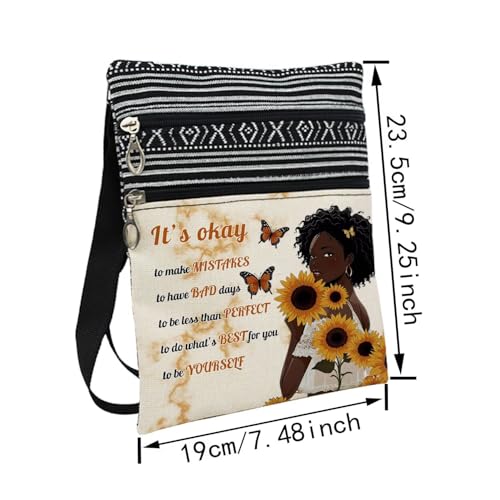 African American Messenger Bag Small Ethnic Pattern Adjustable Strap Crossbody Zipper Pouch Sunflower Inspiring Phone Organizer It's Okay To Be Yourself Shoulder Handbag for Black Women2
