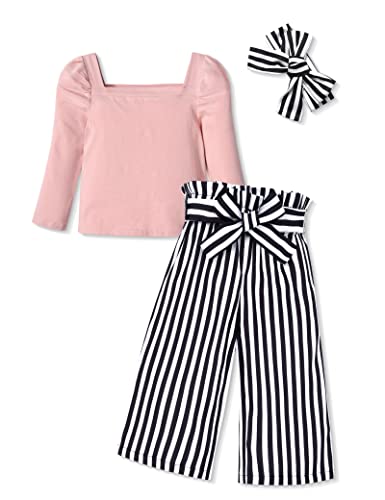 Image of Ribabz Girl Clothes, Toddler Girl Clothes Square Neck Puff Long Sleeve Top Striped Pants Headband 3Pcs Fall Clothes Set