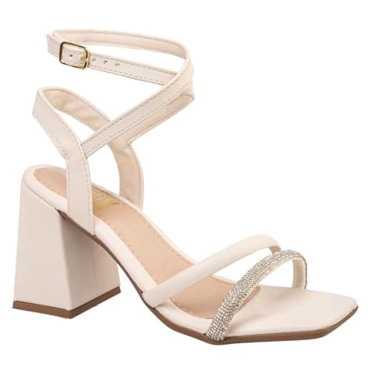 Sandalia Feminina Salto Alto Grosso Tira de Strass Confortavel Via Angel 7301 (Off White, BR, Adulto, Numérico, 34)