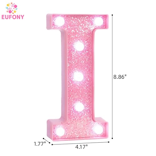 Image of Pink Marquee Light Up Letters, Glitter Alphabet LED Letter Lights for Pink Birthday Party Decorations, Battery Operated Letter Sign for Girls Room Vanity Table Decor, Cool White Lights Letter I