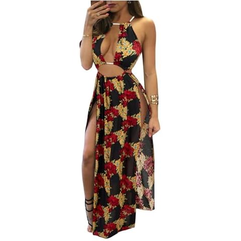 BIUBIU Women's Sexy Boho Floral Halter Summer Maxi Dress Beach Party Split Cover Up Swimsuit Outfit 2024 (Floral Yellow,M) Cover