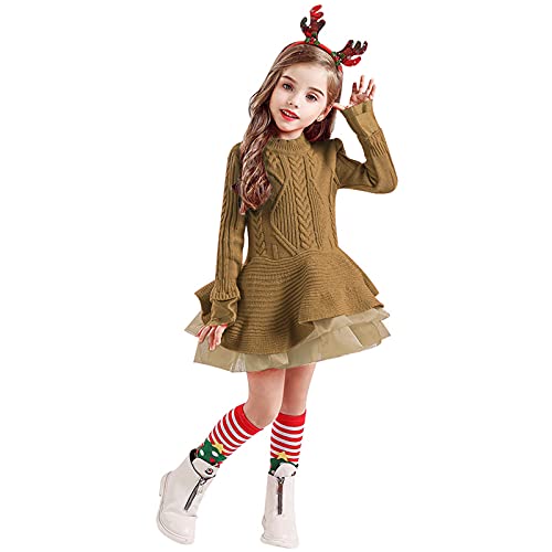 Girls Christmas Sweater Dress Toddler Kids Long Sleeve Solid Color Knit Sweater Dress Casual (Khaki, 2-3 Years)