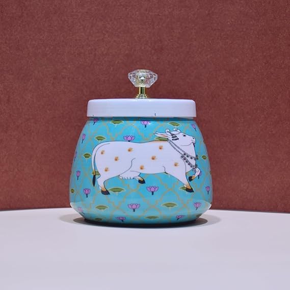 IGH Pichwai Printed Hammered Dry Fruit Bowl 4 inch with Lid (Pot Shape), Return Gift for Baby Shower, Serving Bowls/Jars for parties (10)