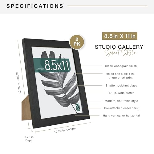 MCS Studio Gallery 8.5x11 Picture Frame Black Woodgrain, Rectangle Photo Frame for Photos, Posters & Art Prints & Easel for Tapletop Display (2-Pack)