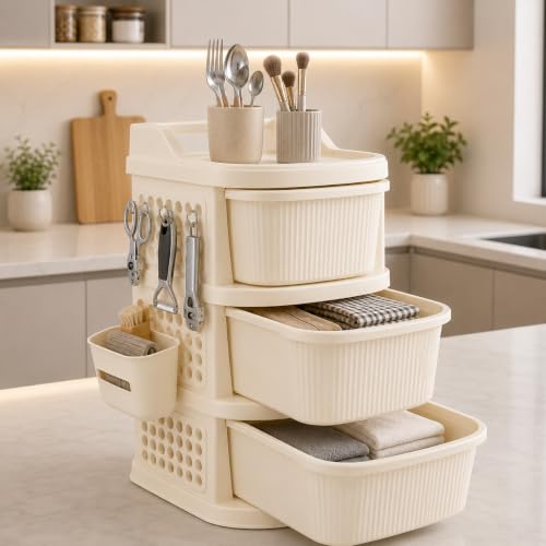 Image of KITCHIVO 3 Layer Multipurpose Plastic Storage Drawer Organizer with Top Tray & Side Hanging Basket for Kitchen, Bathroom, Bedroom, Office, Makeup, Cutlery & Home Organization