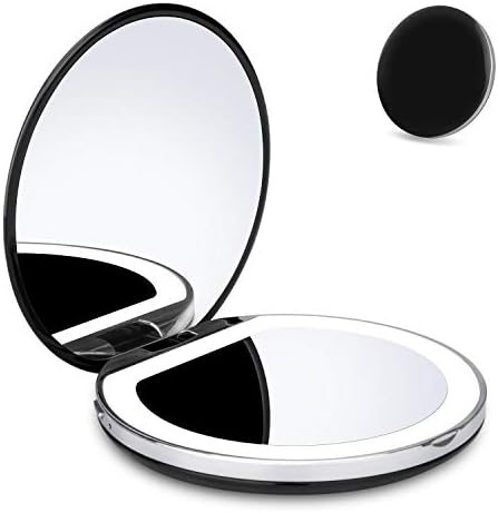 YUSONG Makeup Mirror, Compact Mirror Pocket Mirror Small Portable Folding Double Sides Round Mirrors with Light Travel Purse Size 1x/5x Magnifying USB Rechargeable Mirror for Women (Black)