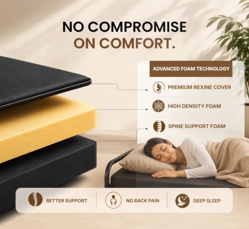 Image of Honey Touch Atlas Folding Bed Single with Double Layer Mattress | No Assembly Required | Foldable Bed for Sleeping /Guests /Rented Apartments /Bedroom (2.5ft x 6ft, Black)