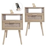 RabimartOk - Rattan Nightstand Set of 2 | Mobile Phone Holder Included, 11.8' D x 15.9' W x 23.4' H | Wood Nightstand Set of 2 | Night Stand Set 2 Wood | Rattan Night Stand | Night Stand Rattan