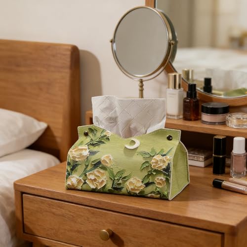 Hochwertige Taschentuchbox aus Kunstleder im Retro-Ölgemälde-Stil – 2er-Set – Elegante & praktische Tissue-Box für handelsübliche Kosmetiktücher – Marke: Sumneo (Bergtee-Blumenserie)