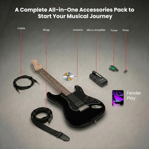 Image of Fender Squier Sonic Stratocaster HT H - Black Bundle with Mustang Micro Headphone Amp, Cable, Tuner, Strap, Picks, and Austin Bazaar Instructional DVD