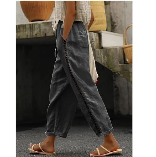 Women's Casual Linen Pants with Pockets Women Wide Leg Drawstring Elastic High Waist Pants Summer Baggy Beach Pants Dark Grey S2