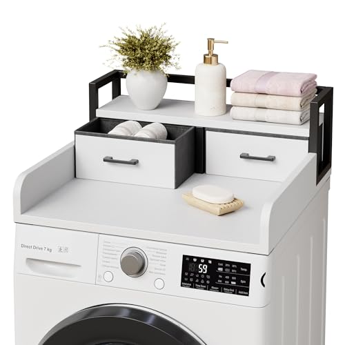 2-Tier Washer Dryer Countertop Single with Shelf and 2 Drawer, Laundry Topper with Edge and Non-Slip Pad for Washer Dryer Laundry Hamper Counter Storage Organization 27.5"x27.5",White White