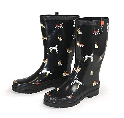 Regenliebe Damen Gummistiefel Waldi High Langschaft Regenstiefel Hunde Motiv, Farbe:schwarz, Größe:42 EU