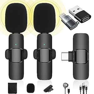 Microfono Wireless per iPhone/iPad/Telefono Android/Laptop, IUMAKEVP Microfoni Lavalier Plug-play con Riduzione del Rumore per Registrazione Video/Live Steam/Intervista/Youtube/TikTok/Facebook(2 mics)