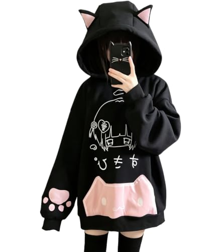 GYPWRCR Womens Kawaii Cat Ear Hoodie Y2K Anime Paw Print Oversized Sweatshirt (XX-Large Black)