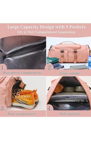 Image of 28L Polyester Gym Duffel Shoulder Bag for Women Men for Sports, Waterproof Dufflebag with Shoe and Wet Clothes Compartments Travel Backpack Workout Carry On Weekender Colour-Grey (Pink)