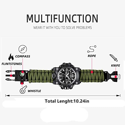 wejie Outdoor Survival Kits,2021 Men and Women Digital Outdoor Sports Watch,6-in-1 Waterproof Emergency Survival Watches with Paracord,Whistle,Fire Starter,Sc,Compass and Survival Gear (Green)