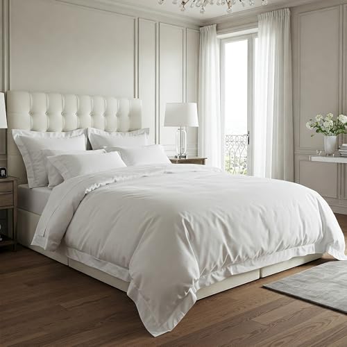 Whites of London Parure de lit blanche en percale 100 % coton bio | Lux 200 fils au pouce carré | Respirante et nette | Bride brodée guidée à la main |...