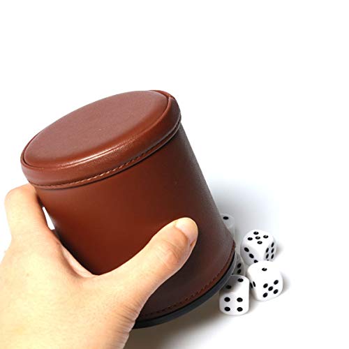 Leather Dice Cup Set Felt Lining Quiet Shaker with 5 Dot Dices for Farkle Yahtzee Games,4 Pack (Brown)