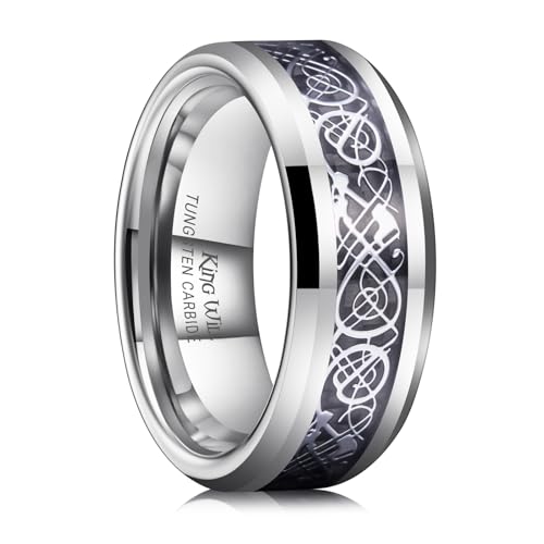 King Will DRAGON Men Tungsten Carbide Ring Wedding Band 8mm Silver Celtic Dragon Inlay Polish Finish 11
