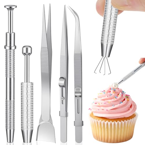 5Pcs Stainless Steel Cake Decoration Tools Set, Cake Decorating Tweezers, Jewelry Making Tweezers, Pearl Grabber, Sprinkles Pen, Shovel Head Spoon for Cookie, Cupcake, and Dessert Artistry
