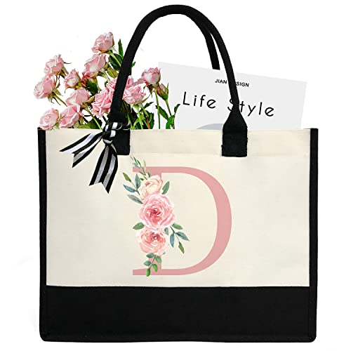 DEEZOMO Initial Canvas Tote Bag for Women, Beach Bag with Inner Zipper Pocket Personalized Gifts for Wedding, Birthday - Pink(D)