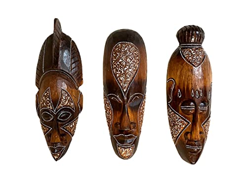 OMA Set of (3) Wooden Hand Crafted African Wall Masks African Wall Art Home Decor Gift Tiki Tribal Wall Decor Sculpture