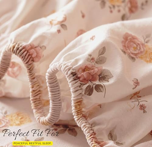 Image of HOMEKART Cotton Contrast Fitted Bedsheet for King Size Bed 72x72+10 Inch with 2 Pillow Covers 17x27 Inch | All Round Elastic | TC 144 Soft, Breathable Floral Printed Bedsheet (Rose Aura)
