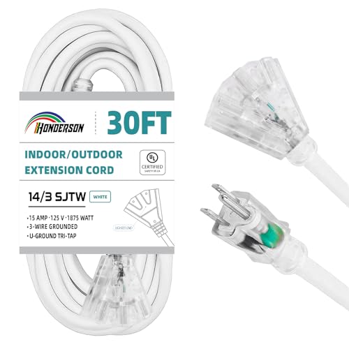 Image of 14 Gauge Outdoor Extension Cord 30FT White | Heavy Duty 14 Gauge Outdoor Cord with Lighted End and 3 Outlets. UL Certified for Lights, Appliances and Tools.