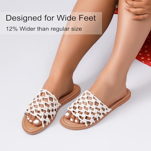 Image of Ruiee Wide Width Flat Sandals for Women. | Wide Width Sandals, X-Wide Feet Slides, Summer Braided Flat Slides, Versatile, Fashion Comfort