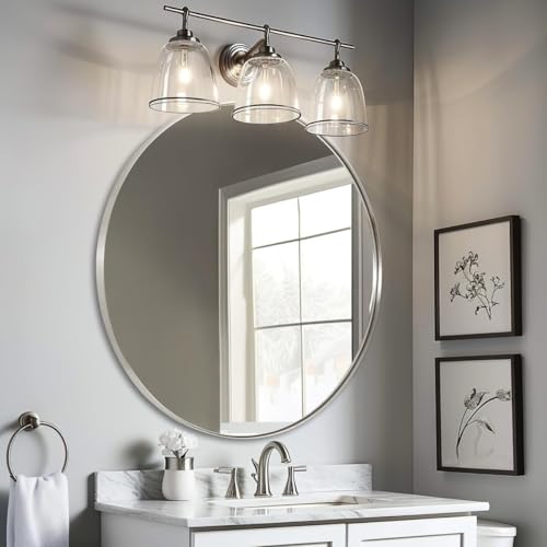 Image of ANDY STAR Silver Round Mirror, 32 inch Brushed Nickel Bathroom Mirror, Stainless Steel Metal Framed Circle Wall Mirrors, Large Modern Vanity Mirror for Entryway, Living Room