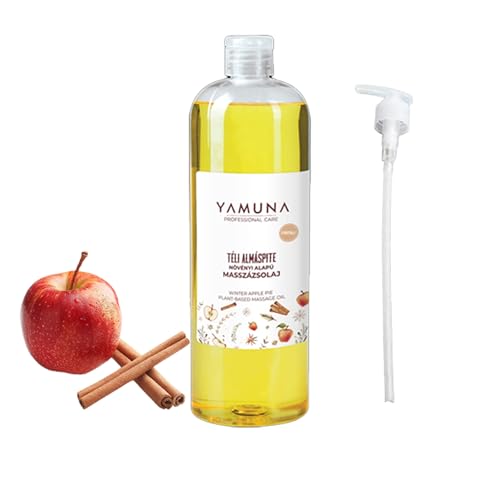 YAMUNA NATURAL BEAUTY Aceite de masaje, 100% vegetal, cosmética natural de Hungría. Aceite profesional, sin parafina ni parabenos para un masaje refrescante. (1000 ml, tarta de manzana invernal)