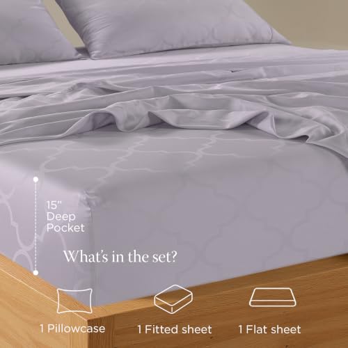 Image of Threadmill Cotton Twin Sheet Set | 100% Cotton Sheets for Twin Size Bed | Damask Jacquard Sateen Twin Bed Sheets Set with 16 inch Deep Pocket | Soft Breathable 3-Piece Cooling Sheet Set | Lilac
