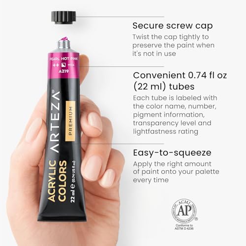 ARTEZA Metallic Acrylic Paint, Set of 36 Colors/Tubes (22 ml, 0.74 oz.) with Storage Box, Rich Pigments, Non Fading, Non Toxic Paints for Artist, Hobby Painters & Kids, Ideal for Canvas Painting