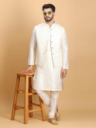 Image of Ethluxis Men Silk Blend Kurta Jacket Set with Mandarin Collar