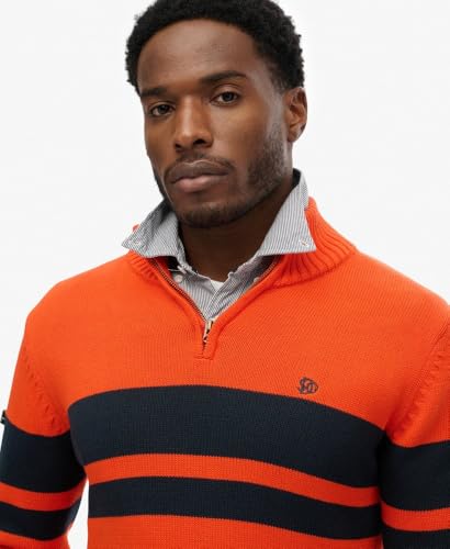 Superdry Cotton Stripe Half Zip Knit Pullover Sweater, Bold Orange/Eclipse Navy, L Men's
