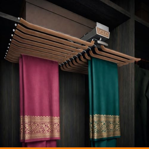 Image of VOLO 20 Arm Top Mounted Pull Out Trouser Rack - Steel Pants Hanger in Mocha Brown, Smooth Slide Out Wardrobe Organizer, Space Saving Cloths Storage Bar for Bedroom Wardrobe, 25kg Load Capacity