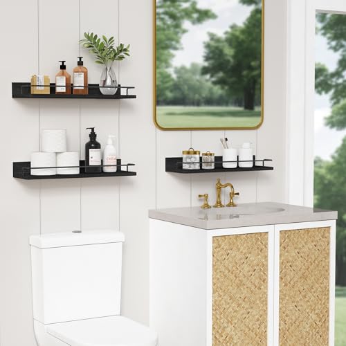 Forbena Black Floating Shelves for Wall, Bahtroom Wall Shelves Over Toilet, Rustic Hanging Shelf with Lip Rail for Bedroom Kitchen Office Living Room Picture Photo Decor, 17 Inch Long-Set of 3