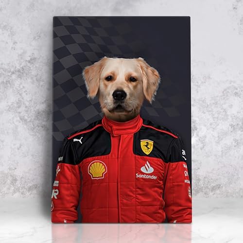 Formula One Racers Costumes Cat Dog Pet Portrait Style on Canvas Royal Pet Portrait from Photo, Wall Art Print for Home Decor, Modern Wall Decoration Funny Pet Customizable Retro Prints (Ferrari)