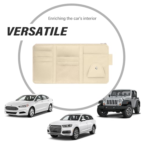 Image of Car Visor Organizer with Sunglass Holder,Multi-Functional Car Sun Visor Organizer with Zipper for Cards,Money,Tickets,Leather Interior Accessories (Beige)